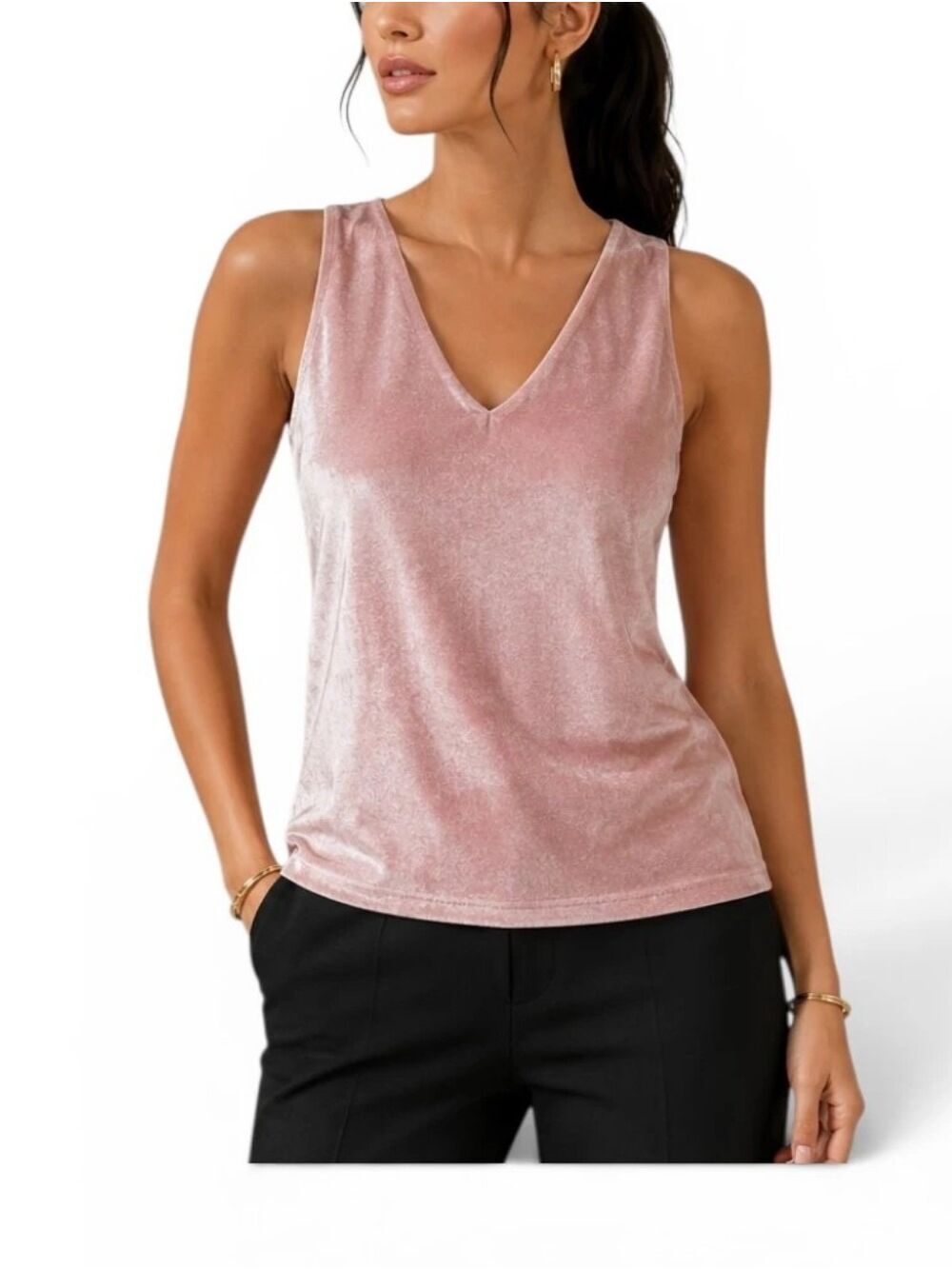 White House Black Market Pink Velvet V-Neck Top Large